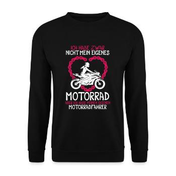 Ich habe zwar nicht mein eigenes Motorrad Bikerin - Unisex Pullover - Schwarz - Vorne - Alina (178cm) & Michal (187cm)