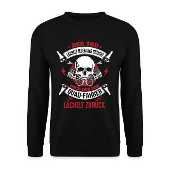 Der Tod lächelt jedem ins Gesicht Quad-Fahrer Quad - Unisex Pullover - Schwarz - Vorne - Alina (178cm) & Michal (187cm)