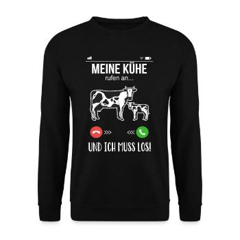 Landwirt Bauer meine Kühe rufen an lustige Kuh - Unisex Pullover - Schwarz - Vorne - Alina (178cm) & Michal (187cm)