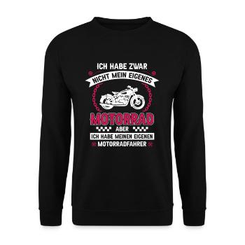 Ich habe zwar nicht mein eigenes Motorrad Bikerin - Unisex Pullover - Schwarz - Vorne - Alina (178cm) & Michal (187cm)