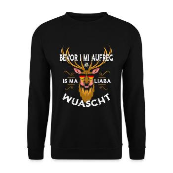Bevor i mi aufreg is ma liaba wuascht Hirsch - Unisex Pullover - Schwarz - Vorne - Alina (178cm) & Michal (187cm)