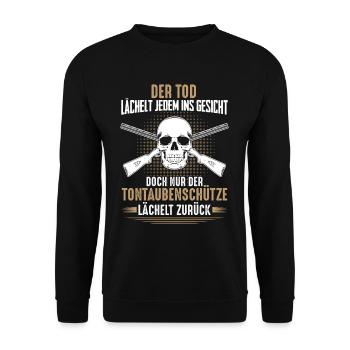 Der Tod lächelt jedem ins Gesicht Tontaubenschütze - Unisex Pullover - Schwarz - Vorne - Alina (178cm) & Michal (187cm)