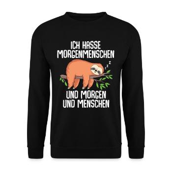 Ich hasse Morgenmenschen Morgen Menschen Faultier - Unisex Pullover - Schwarz - Vorne - Alina (178cm) & Michal (187cm)