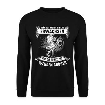 Männer werden nicht erwachsen - Spielzeuge größer - Unisex Pullover - Schwarz - Vorne - Alina (178cm) & Michal (187cm)