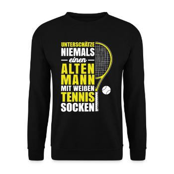 Unterschätze nie alten Mann - weiße Tennis Socken - Unisex Pullover - Schwarz - Vorne - Alina (178cm) & Michal (187cm)