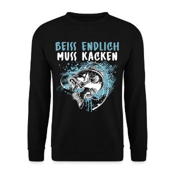 Lustiges Angler Fischer Beiss endlich muss kacken - Unisex Pullover - Schwarz - Vorne - Alina (178cm) & Michal (187cm)