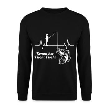 Herzschlag Angler Fischer Komm Her Fischi Fischi - Unisex Pullover - Schwarz - Vorne - Alina (178cm) & Michal (187cm)