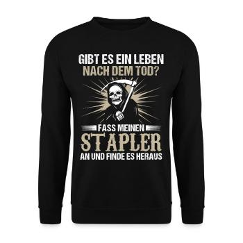 Gibt es ein Leben nach dem Tod Stapler Lagerist - Unisex Pullover - Schwarz - Vorne - Alina (178cm) & Michal (187cm)