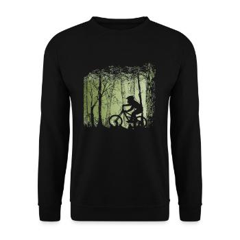 Mountainbiker im Wald - Unisex Pullover - Schwarz - Vorne - Alina (178cm) & Michal (187cm)