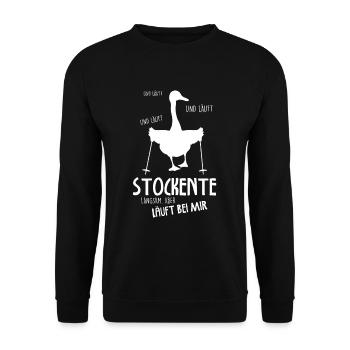 Stockente Läuft Bei Mir Nordic Walking - Unisex Pullover - Schwarz - Vorne - Alina (178cm) & Michal (187cm)