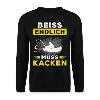 Lustiges Angler Fischer Beiss endlich muss kacken - Unisex Pullover - Schwarz - Vorne - Alina (178cm) & Michal (187cm)
