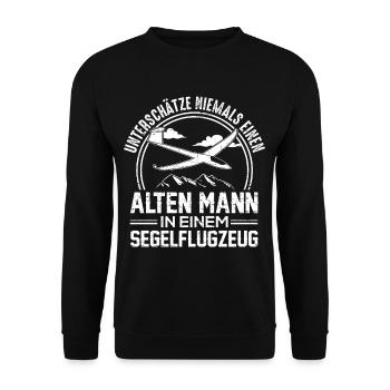 Unterschätze nie einen alten Mann in Segelflugzeug - Unisex Pullover - Schwarz - Vorne - Alina (178cm) & Michal (187cm)
