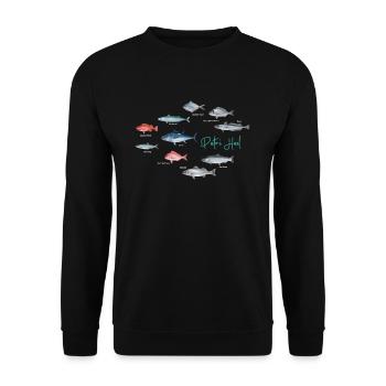 Pêcher design avec différentes espèces de poissons de Petri Heil - Sweat-shirt Unisexe - noir - Devant - Alina (178cm) & Michal (187cm)