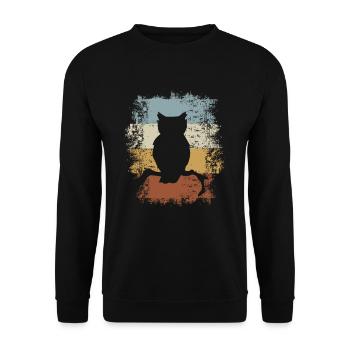 Retro Vintage Eule auf einem Ast - Unisex Pullover - Schwarz - Vorne - Alina (178cm) & Michal (187cm)