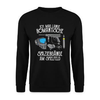 Paintball Spruch - Lange Romantische Spaziergänge - Unisex Pullover - Schwarz - Vorne - Alina (178cm) & Michal (187cm)