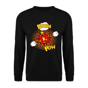 COMIC GEBURTSTAG 13 Jahre Junge 13 Geburtstag - Unisex Pullover - Schwarz - Vorne - Alina (178cm) & Michal (187cm)
