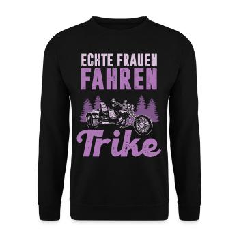 Echte Frauen fahren Trike Trikerin Dreirad Triker - Unisex Pullover - Schwarz - Vorne - Alina (178cm) & Michal (187cm)