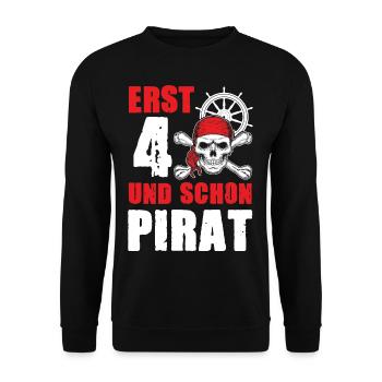 Pirat 4. Geburtstag Erst 4 und schon Pirat - Unisex Pullover - Schwarz - Vorne - Alina (178cm) & Michal (187cm)