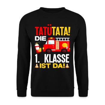 Feuerwehr 1. Klasse Schüler Einschulung Geschenk - Unisex Pullover - Schwarz - Vorne - Alina (178cm) & Michal (187cm)
