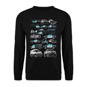 Polizeiwagen Polizei Notfall Einsatzfahrzeuge - Unisex Pullover - Schwarz - Vorne - Alina (178cm) & Michal (187cm)