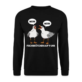Moin Fischbrötchen auf 9 Uhr Möwe Norddeutsch - Unisex Pullover - Schwarz - Vorne - Alina (178cm) & Michal (187cm)