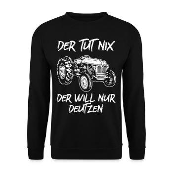 Der tut nix der will nur Deutzen Oldtimer Traktor - Unisex Pullover - Schwarz - Vorne - Alina (178cm) & Michal (187cm)