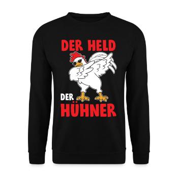 Der Held der Hühner Dabbing Huhn - Unisex Pullover - Schwarz - Vorne - Alina (178cm) & Michal (187cm)