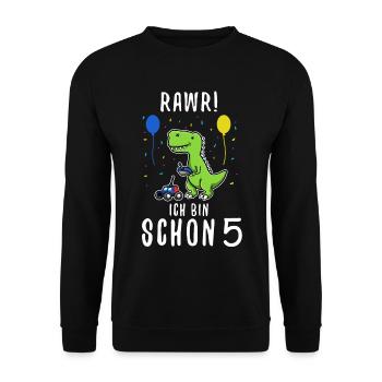 Ich bin schon 5 Dino - Unisex Pullover - Schwarz - Vorne - Alina (178cm) & Michal (187cm)