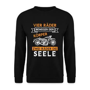Vier Räder Bewegen Den Körper Zwei Räder Die Seele - Unisex Pullover - Schwarz - Vorne - Alina (178cm) & Michal (187cm)