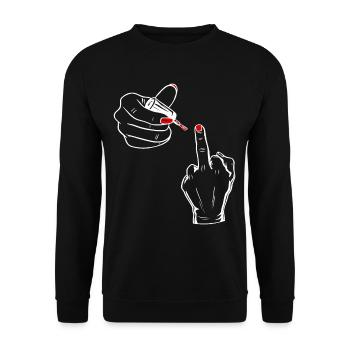 Damen Mittelfinger sarkasmus nagellack - Unisex Pullover - Schwarz - Vorne - Alina (178cm) & Michal (187cm)