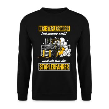 Staplerfahrer Spruch Gabelstapler Geschenk - Unisex Pullover - Schwarz - Vorne - Alina (178cm) & Michal (187cm)