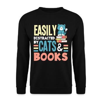 Katze Bücherei Buch Lesen Bücherwurm - Unisex Pullover - Schwarz - Vorne - Alina (178cm) & Michal (187cm)