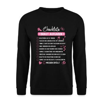JGA Mutprobe Checkliste Braut Aufgaben - Unisex Pullover - Schwarz - Vorne - Alina (178cm) & Michal (187cm)
