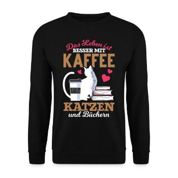 Katze Bücher Kaffee Kaffeetrinker - Unisex Pullover - Schwarz - Vorne - Alina (178cm) & Michal (187cm)
