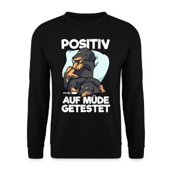 Dackel Positiv Auf Müde Getestet Hunde Schlafshirt - Unisex Pullover - Schwarz - Vorne - Alina (178cm) & Michal (187cm)