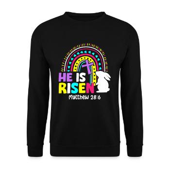 Il est ressuscité Matthieu 28:6 Jésus-Christ Résurrection - Sweat-shirt Unisexe - noir - Devant - Alina (178cm) & Michal (187cm)