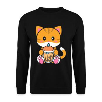 Bubble Milk Tea Katze trinkt Boba Milchtee - Unisex Pullover - Schwarz - Vorne - Alina (178cm) & Michal (187cm)