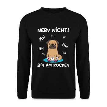 Bin am Zocken Gaming Mops Hund - Unisex Pullover - Schwarz - Vorne - Alina (178cm) & Michal (187cm)