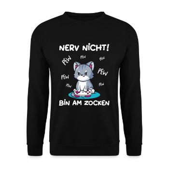 Bin am Zocken Gaming Katze - Unisex Pullover - Schwarz - Vorne - Alina (178cm) & Michal (187cm)