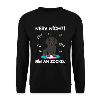 Bin am Zocken Gaming Dackel Hund - Unisex Pullover - Schwarz - Vorne - Alina (178cm) & Michal (187cm)