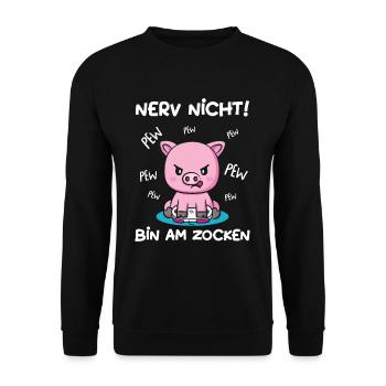 Bin am Zocken Gaming Schwein - Unisex Pullover - Schwarz - Vorne - Alina (178cm) & Michal (187cm)