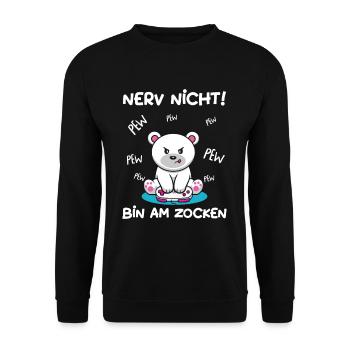 Bin am Zocken Gaming Eisbär - Unisex Pullover - Schwarz - Vorne - Alina (178cm) & Michal (187cm)