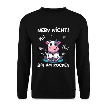Bin am Zocken Gaming Kuh - Unisex Pullover - Schwarz - Vorne - Alina (178cm) & Michal (187cm)