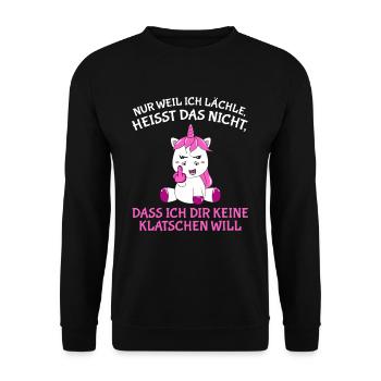 Nur weil ich lächle heißt nich dir keine klatschen - Unisex Pullover - Schwarz - Vorne - Alina (178cm) & Michal (187cm)