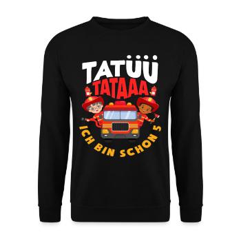 Tatüü TaTaaa 5. Geburtstag Feuerwehr Jungs - Unisex Pullover - Schwarz - Vorne - Alina (178cm) & Michal (187cm)