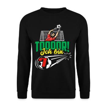 Fußball 7. Geburtstag Jungen Geschenk - Unisex Pullover - Schwarz - Vorne - Alina (178cm) & Michal (187cm)