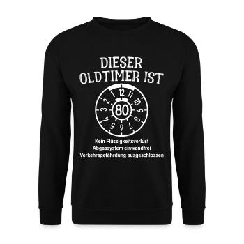 Oldtimer Ist 80 Jahre HU Plakette 80. Geburtstag - Unisex Pullover - Schwarz - Vorne - Alina (178cm) & Michal (187cm)