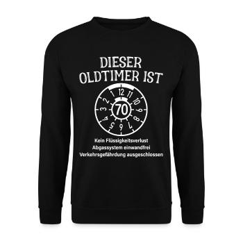 Oldtimer Ist 70 Jahre HU Plakette 70. Geburtstag - Unisex Pullover - Schwarz - Vorne - Alina (178cm) & Michal (187cm)