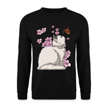 Japanese Cherry Blossom Katze - Unisex Pullover - Schwarz - Vorne - Alina (178cm) & Michal (187cm)