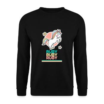 Ruby Vorname Namensgeschenk Süßes Einhorn - Unisex Pullover - Schwarz - Vorne - Alina (178cm) & Michal (187cm)